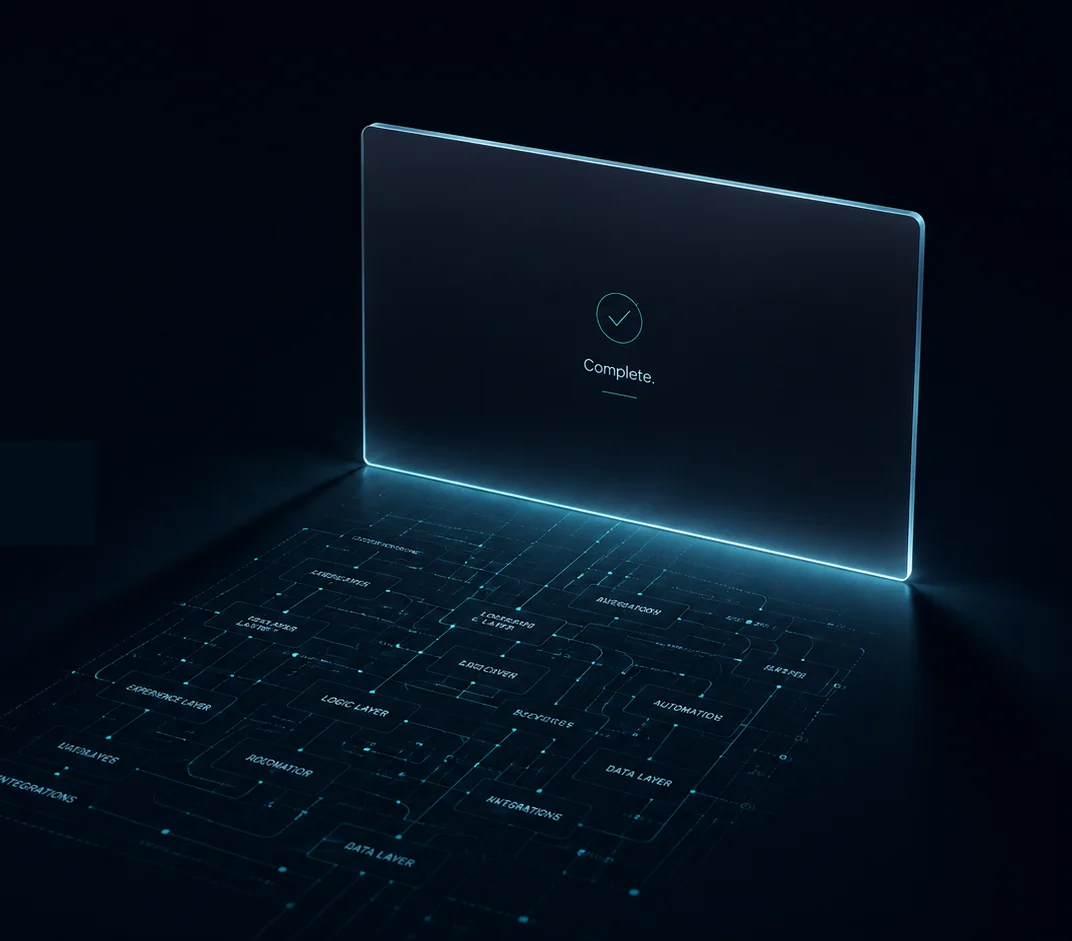 A clean 'Complete' screen; beneath its surface, the system that makes it work — experience, logic, data and integration layers.